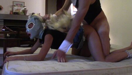 Laura with blonde pigtails and high heels throated and fucked, receives cum on her tits