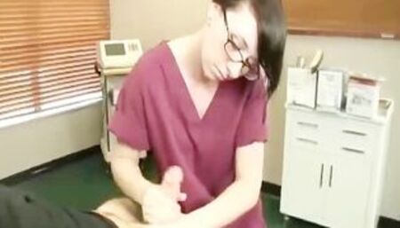 Teen nurse jacks off a huge dick