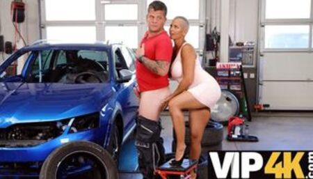 Mechanic has had a hard day but rimming by wife makes it great