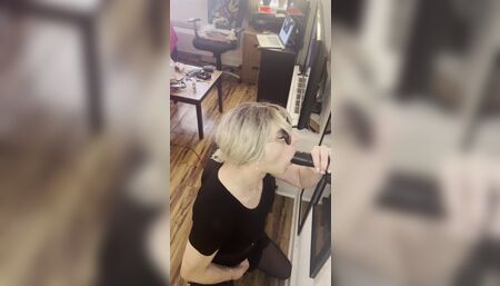 Jade sucking a BBC dildo