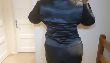 Shiny leggings and satin blouse bondage