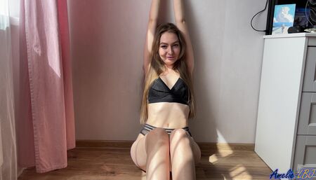 Pretty woman plays with her wet pussy on a sunny morning