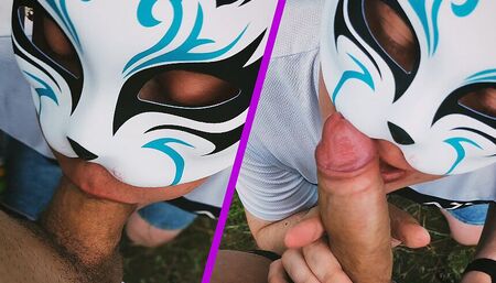 A boy in a cat mask sucks his boyfriend's big cock in the woods, Hard Blowjob, Polish boys are playing in the forest