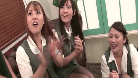 Three horny Japanese babes ride a man with hairy dick on the floor