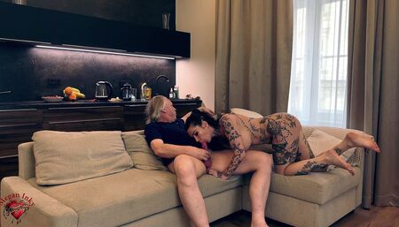 Megan Inky fucks an old man in his home on the couch