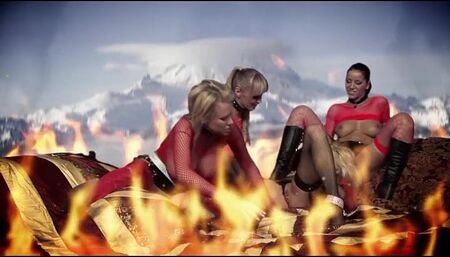 Smoking hot busty ladies having lesbian group sex in hell