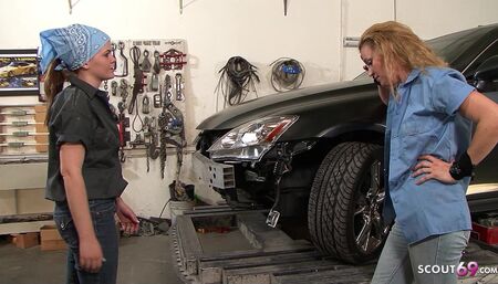 Horny lesbian sex in the garage with blonde Milf