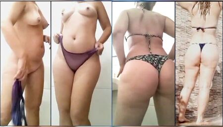 Mirella Delicia exhibitionist, in a bikini, denim shorts, showing off and taking off her clothes, striptease, naughty  bitch