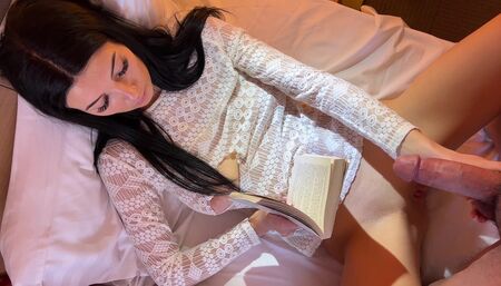 Big tits hot brunette in a see through damaged shirt gives a cock tease handjob