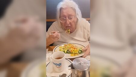 Stepmom and I eating breakfast