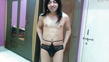 Sexy sissy crossdresser in sexy black pantie only.