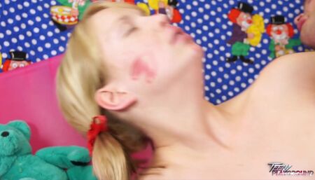 Sexy blondie playing with make up and hard cock