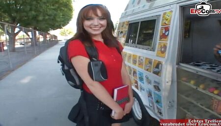 Skinny brunette teen girl seduces at the street for car sex