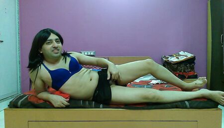 Beautiful sissy crossdresser femboy masturbation and cumshot on the bed.