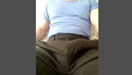 Playing with my cock in suit pants, then stripping and drenching my t-shirt in cum