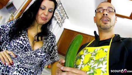 Stepson fisting mature Sonia Rox in kitchen and masturbating pussy