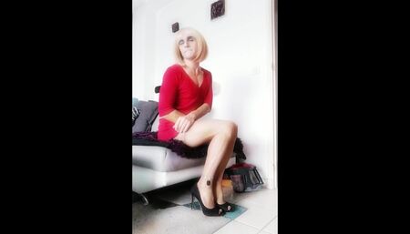 Crossdresser red dress high heels stockings