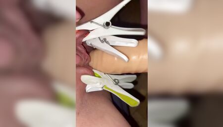 Clamps on pussy and fuck machine amateur