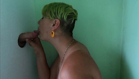 Cock sucking through gloryhole and swallow