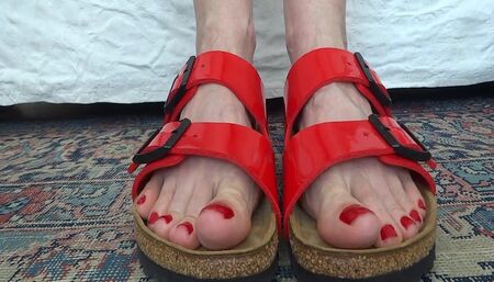 Toe fetish - wiggling my toes in red patent leather Birkis Birkenstock part 2