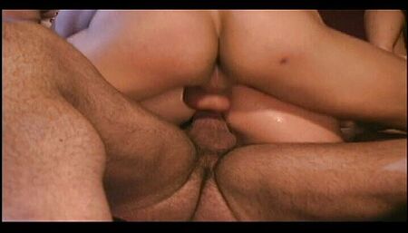 Tight whore gets gang banged by three big cocks