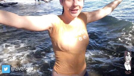 Ziva Fey - Getting wet fully clothed in the ocean