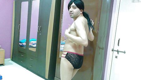 Sexy sissy crossdresser femboy Sweet Lollipop in a sexy black lingerie.