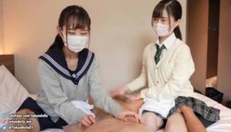 Handjob with double nipple licking.