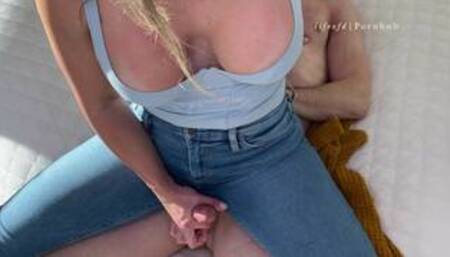 Playing with hard cock and cumming on my tight jeans