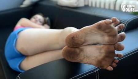 Dirty feet and flip flops, POV (POV foot worship, dirty soles, pov feet, foot pov, bare feet, soles)