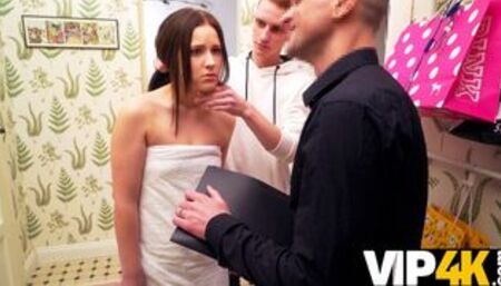 Bimbo debtor nailed by bank collector in front of her husband