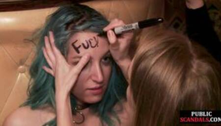 Useless coloredhair bonded babe licks and throats in public