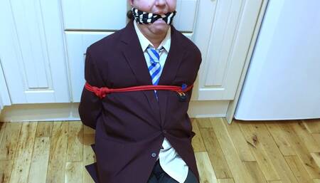 Man in adult school uniform bound and gagged on kitchen floor - cam 1 part 3