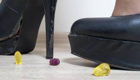 Giantess Crushes Spooky Gummy with Wrecked Heels Close up