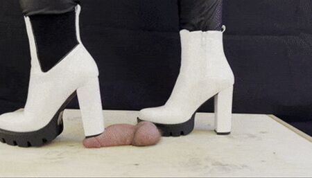 Crushing and Trampling Slave's Cock in White Dangerous Heeled Boots - CBT Foojob Femdom Cumshot Cock Crush Cockboard Shoejob BDSM Foot Domination