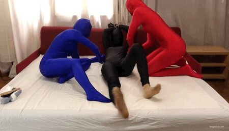 THREE GIRLS IN ZENTAI SUITS TICKLING NYLON FEET OF KYLIE (PART 1) - MP4 HD