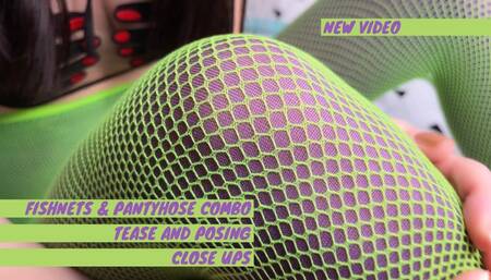 Green fishnets on purple tights trying on