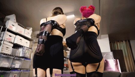 Black tape, black lingerie and really BIG ballgags