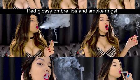 Red glossy ombre lips around my white cigarette and smoke rings close up