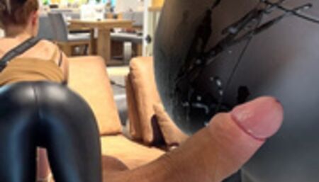 Shopping for new sofa ended with massive cumshot on my leather ass