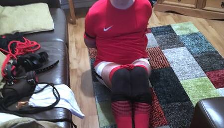 Post orgasm blowjob on a struggling bound and gagged footballer