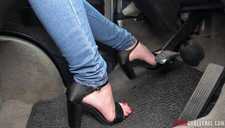 Pedal Challenge - Karolina driving and revving engine of an old VAN (HD)