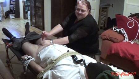 Man in adult school uniform tied to bed, tickled Feet and post orgasm torment- cam 2