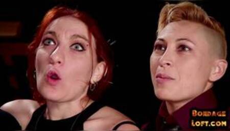 Useless BDSM chicks whipped n waxed in public group session