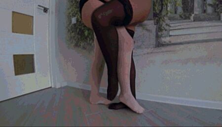 Crossed legs flirting in black and white stockings Ac