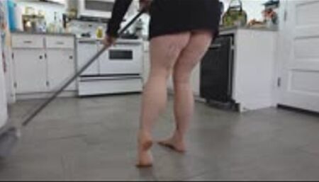 Muscular Calves while Sweeping Kitchen Barefoot in Natural Light WMV 720