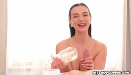 HJ babe POV wanks cock with pussytoy and her nice tits