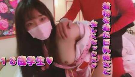 Cute 18 year old big breasted girlfriend in kimono climaxing hard