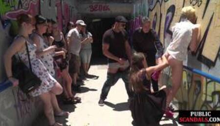 Pathetic babe publicly fucked and pissed in group sex