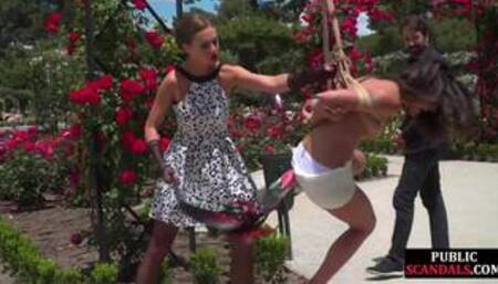 BDSM babe publicly whipped n humiliated by master n mistress